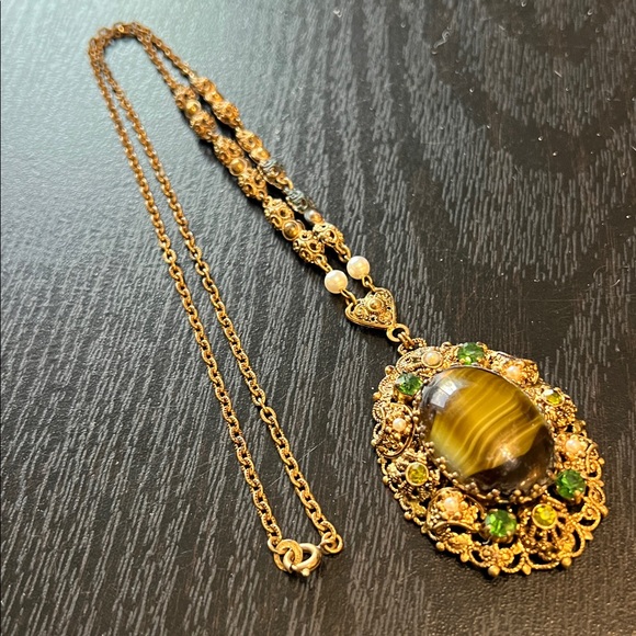 Vintage Mid Century West German Filigree Green Porphyry Slag Glass Necklace - Picture 11 of 12